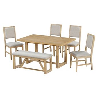 Merax 6 pc Retro Dining Table Set for 6, 60" Wood Kitchen Table and Chairs Set of 4 with Bench