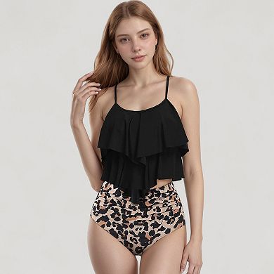 Women's Tiered Ruffle Tankini Top with Adjustable Straps and High Waist Palm Tree Print Bottoms