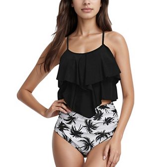 Women's Tiered Ruffle Tankini Top with Adjustable Straps and High Waist Palm Tree Print Bottoms