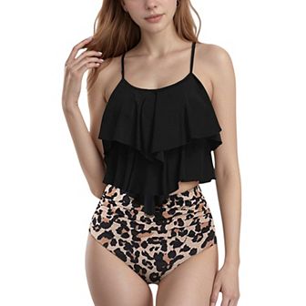 Women's Tiered Ruffle Tankini Top with Adjustable Straps and High Waist Palm Tree Print Bottoms