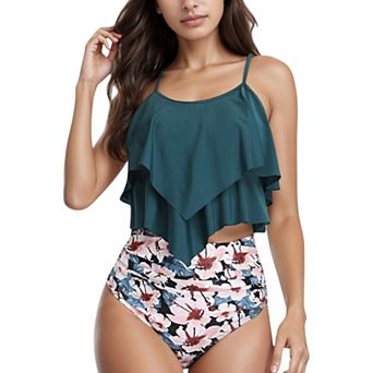 Women's Tiered Ruffle Tankini Top with Adjustable Straps and High Waist Palm Tree Print Bottoms