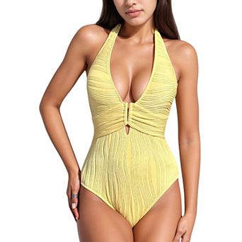 Women's Ribbed Plunge One Piece Swimsuit with Halter Neckline and Keyhole Front Detail