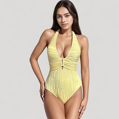 Women's Ribbed Plunge One Piece Swimsuit with Halter Neckline and Keyhole Front Detail