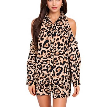 Women's Leopard Print Cold Shoulder Button-Down Tunic Dress for Casual Looks