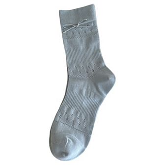 Women's 2 Pairs Eyelet Knit Socks with Faux Leather Bow Detail and Mid-Calf Fit