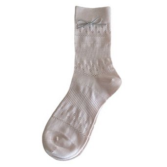 Women's 2 Pairs Eyelet Knit Socks with Faux Leather Bow Detail and Mid-Calf Fit