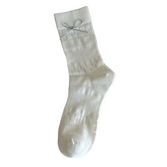 Women's 2 Pairs Eyelet Knit Socks with Faux Leather Bow Detail and Mid-Calf Fit