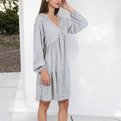 Women's Long Sleeve V-Neck Boho Print Dress with Gathered Waist and Relaxed Fit