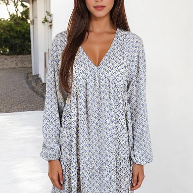 Women's Long Sleeve V-Neck Boho Print Dress with Gathered Waist and Relaxed Fit