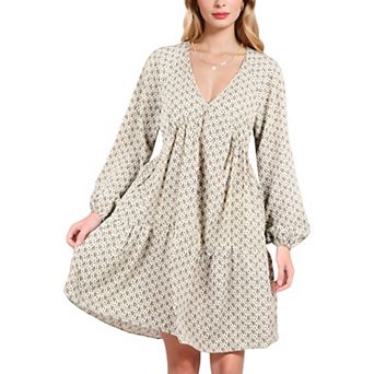 Women's Long Sleeve V-Neck Boho Print Dress with Gathered Waist and Relaxed Fit