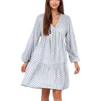 Women's Long Sleeve V-Neck Boho Print Dress with Gathered Waist and Relaxed Fit