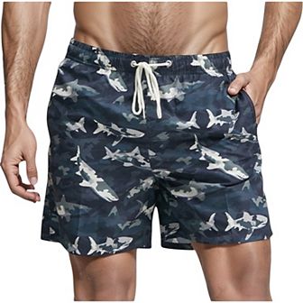 Men's Shark Print Swim Trunks with Camouflage Background Drawstring Waistband and Side Pockets