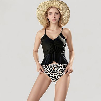 Women's Ruched Tankini Top with Adjustable Drawstring and Leopard High Waist Bottoms