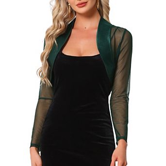 Satin Shrug for Women's Evening Dresses Mesh Coverup Open Front Long Sleeve Cropped Bolero