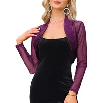 Satin Shrug for Women's Evening Dresses Mesh Coverup Open Front Long Sleeve Cropped Bolero