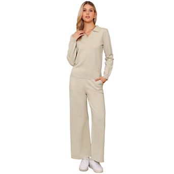 Knit Sweater Top Wide Leg Pants Set for Women's 2 pc V Neck Lounge Outfits Trendy Cozy Clothes