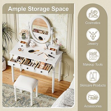 Merax Vanity Desk with Adjustable Angle Mirror, Vintage Vanity Makeup Table and Cushioned Stool Set