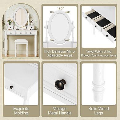 Merax Vanity Desk with Adjustable Angle Mirror, Vintage Vanity Makeup Table and Cushioned Stool Set
