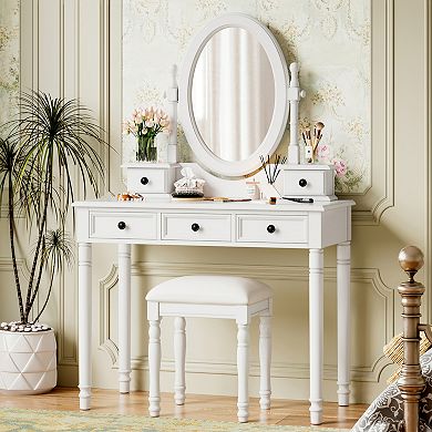 Merax Vanity Desk with Adjustable Angle Mirror, Vintage Vanity Makeup Table and Cushioned Stool Set