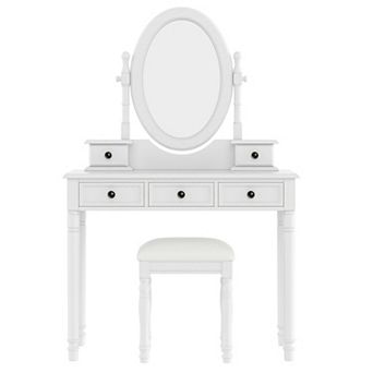 Merax Vanity Desk with Adjustable Angle Mirror, Vintage Vanity Makeup Table and Cushioned Stool Set