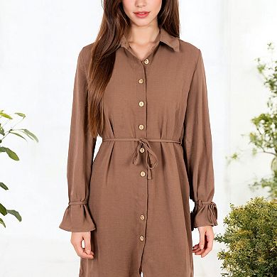 Women's Button-Down Shirt Dress with Tie Waist