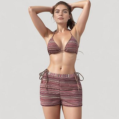 Women's Triangle Bikini Top with Matching Striped Elastic Waist Swim Shorts and Side Tie Details