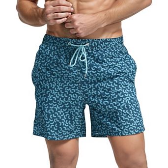 Men's Blue Abstract Print Swim Trunks with Quick-Dry Fabric and Adjustable Drawstring Waist