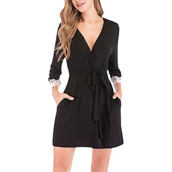 Women's Long Sleeve Wrap Robe with Lace Trim and Waist Tie