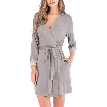 Women's Long Sleeve Wrap Robe with Lace Trim and Waist Tie