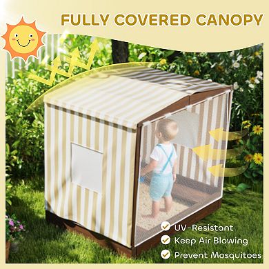 Qaba Kids Wooden Sandbox with Canopy Fully Covered, 56inch x 40inch x 52inch