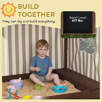 Qaba Kids Wooden Sandbox with Canopy Fully Covered, 56inch x 40inch x 52inch