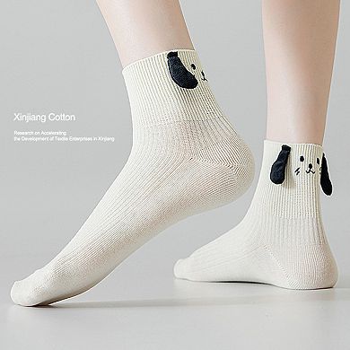 Women's 2 Pairs Ribbed Ankle Socks with 3D Puppy Ear Detail and Embroidered Dog Face