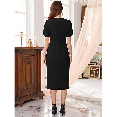 Women's Formal Sheath Dress Puffy Sleeve Keyhole Round Neck Elegant Business Midi Pencil Dresses