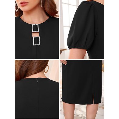 Women's Formal Sheath Dress Puffy Sleeve Keyhole Round Neck Elegant Business Midi Pencil Dresses