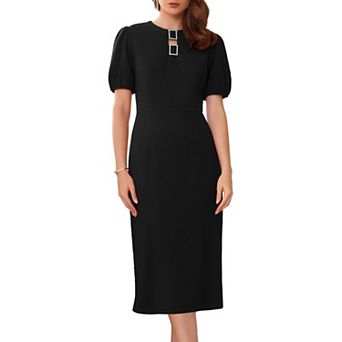 Women's Formal Sheath Dress Puffy Sleeve Keyhole Round Neck Elegant Business Midi Pencil Dresses