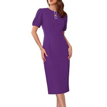 Women's Formal Sheath Dress Puffy Sleeve Keyhole Round Neck Elegant Business Midi Pencil Dresses