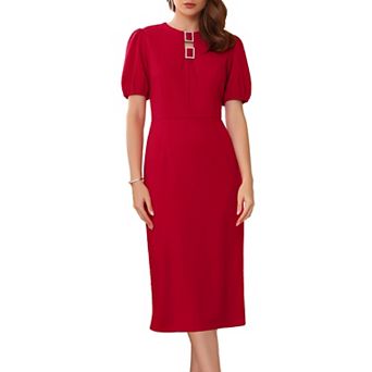 Women's Formal Sheath Dress Puffy Sleeve Keyhole Round Neck Elegant Business Midi Pencil Dresses