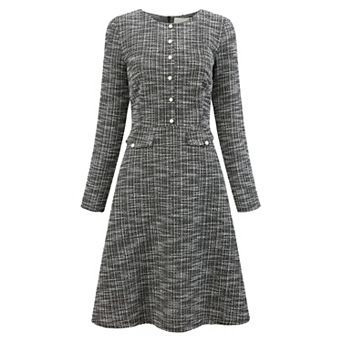 Women's A-Line Tweed Dress Long Sleeve Trendy Fall Vintage Work Flare Dresses