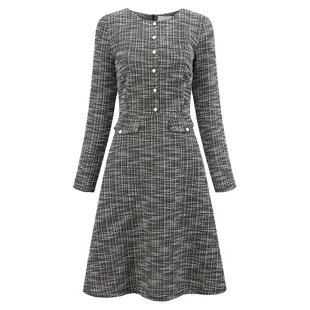 Women's A-Line Tweed Dress Long Sleeve Trendy Fall Vintage Work Flare  Dresses