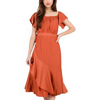 Women's Off Shoulder Plaid Midi Dress with Flutter Sleeves and Asymmetrical Hem