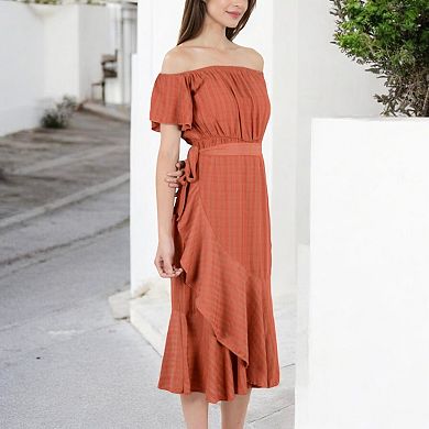 Women's Off Shoulder Plaid Midi Dress with Flutter Sleeves and Asymmetrical Hem