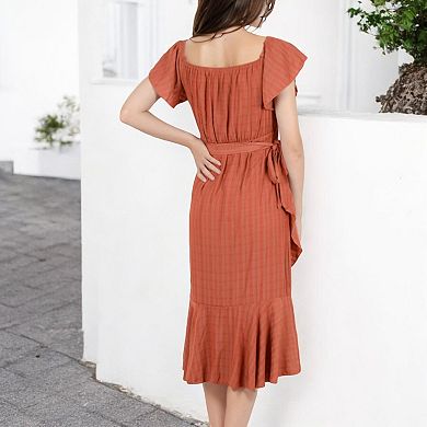 Women's Off Shoulder Plaid Midi Dress with Flutter Sleeves and Asymmetrical Hem