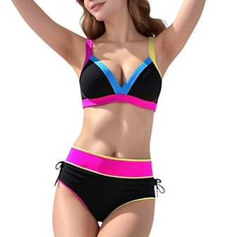 Women's High Waist Bikini Set with Adjustable Side Ruched Bottoms and V-Neck Supportive Top