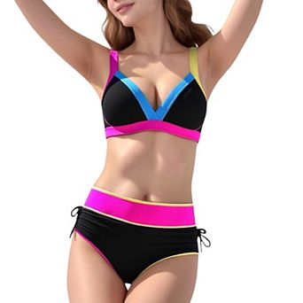 Women's High Waist Bikini Set with Adjustable Side Ruched Bottoms and V-Neck Supportive Top