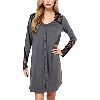 Women's Button-Front Nightdress with Lace Shoulder and Sleeve Detail