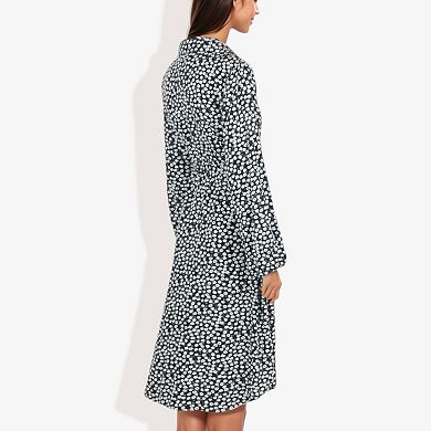 Women's Collar Neck Button Down Belted Bishop Sleeve Midi Floral Print Dress