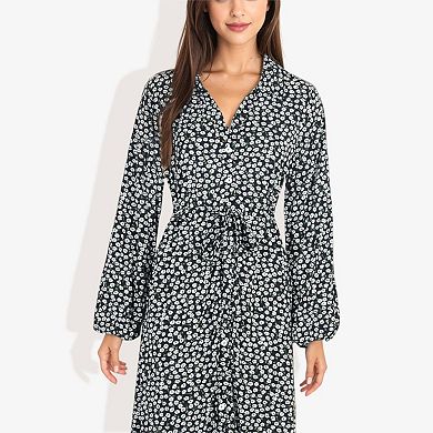 Women's Collar Neck Button Down Belted Bishop Sleeve Midi Floral Print Dress