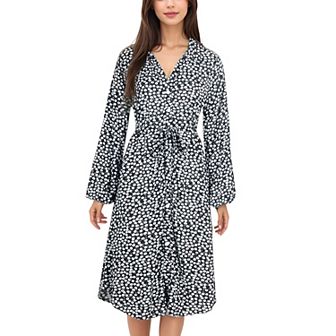 Women's Collar Neck Button Down Belted Bishop Sleeve Midi Floral Print Dress