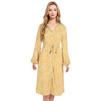 Women's Collar Neck Button Down Belted Bishop Sleeve Midi Floral Print Dress