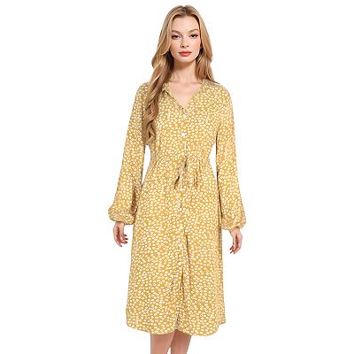 Women's Collar Neck Button Down Belted Bishop Sleeve Midi Floral Print Dress